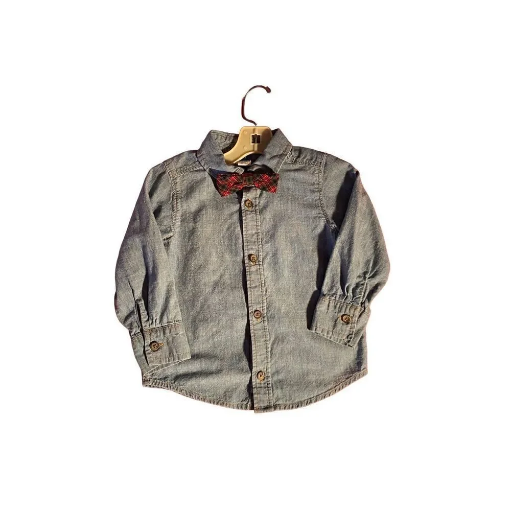 Old Navy boys chambray denim, longsleeve shirt with plaid bowtie size 2T ￼